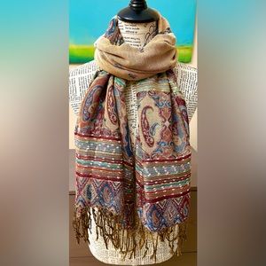 Authentic BIG Scarf Wrap from India! Beautiful Colors Tan Teal Burgundy Orange